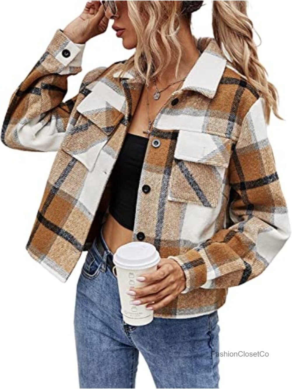Cropped Plaid Flannel Shacket Button Down Long Sleeve Jacket